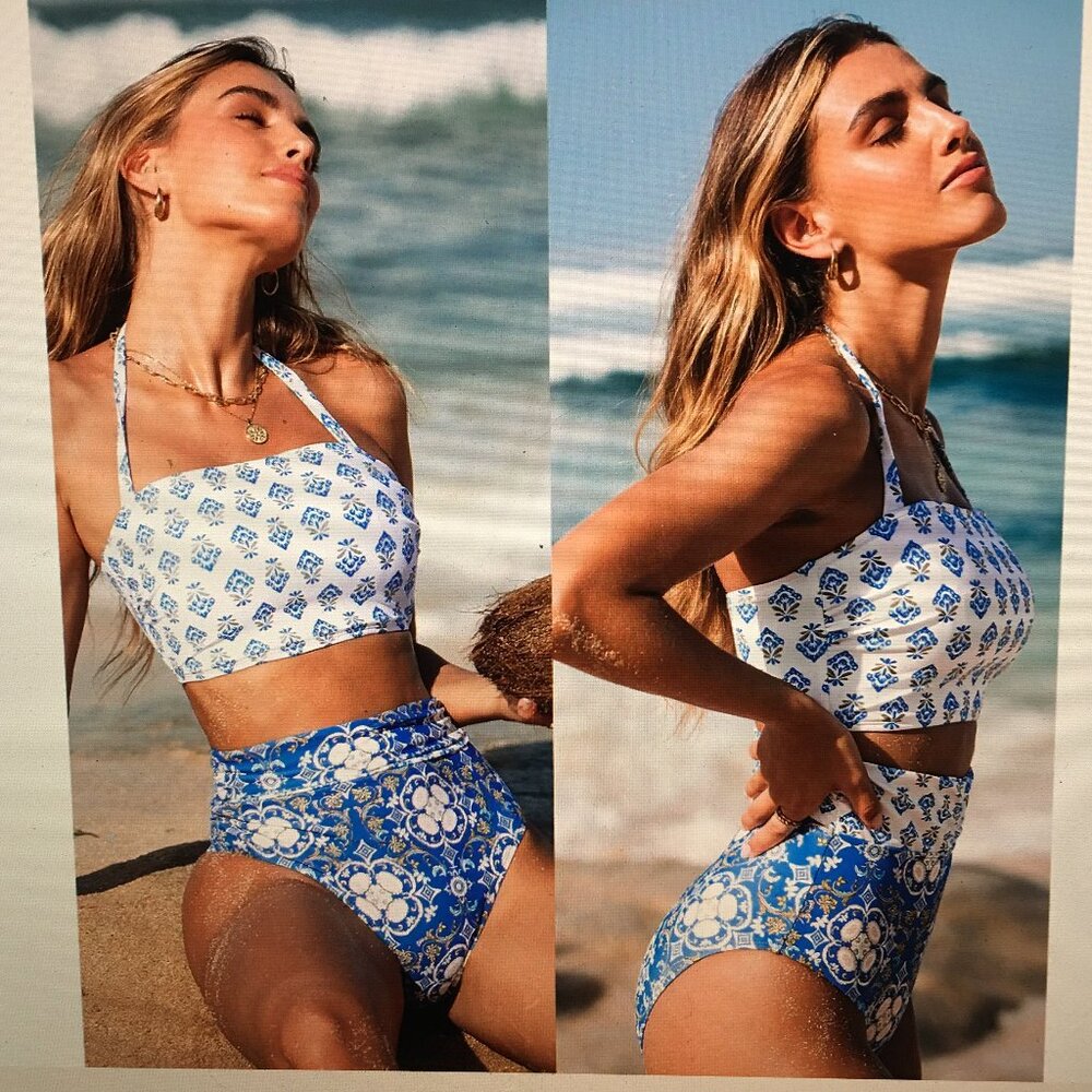 NWT Retro Patchwork Halterneck Bikini Top & High Waisted Bottoms Set Medium